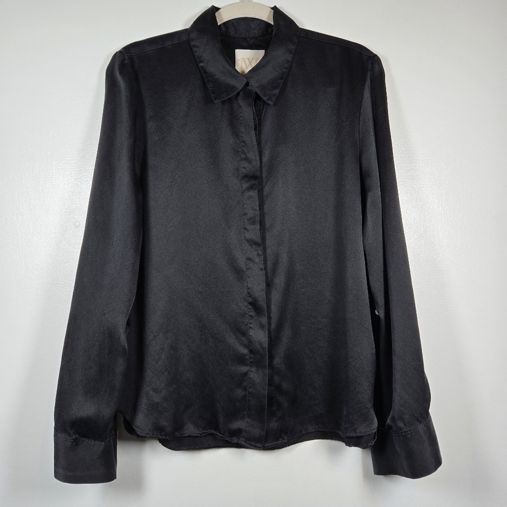 TWP 100% Silk Satin Black Button Down Roll Tab Long Sleeve Blouse Top Size Large